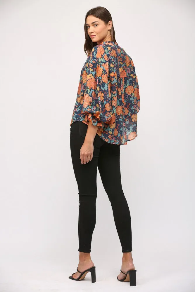 Floral Print Split Neck Bubble Sleeve Blouse