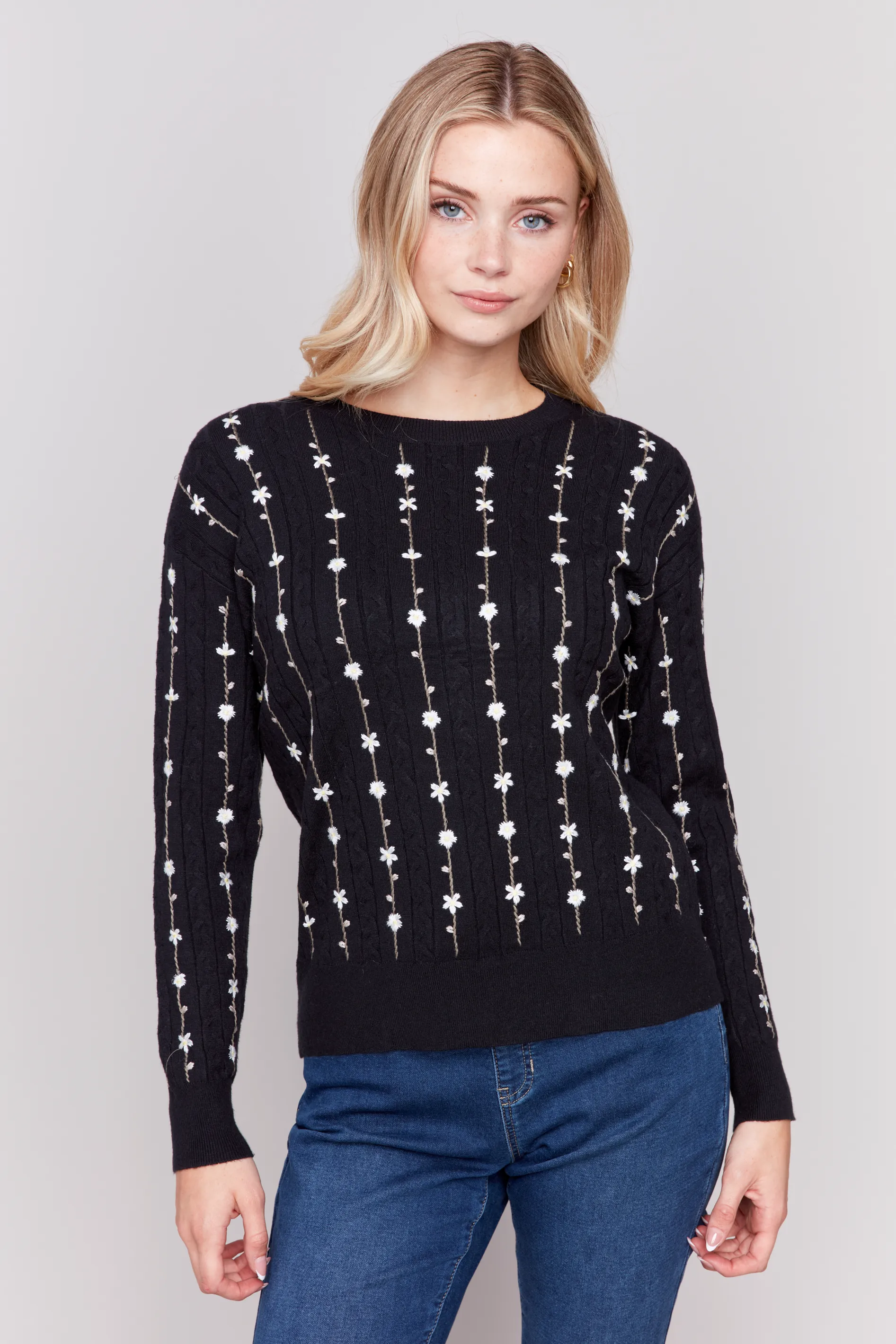 Flower Embroidered Plushy Crew-Neck Sweater