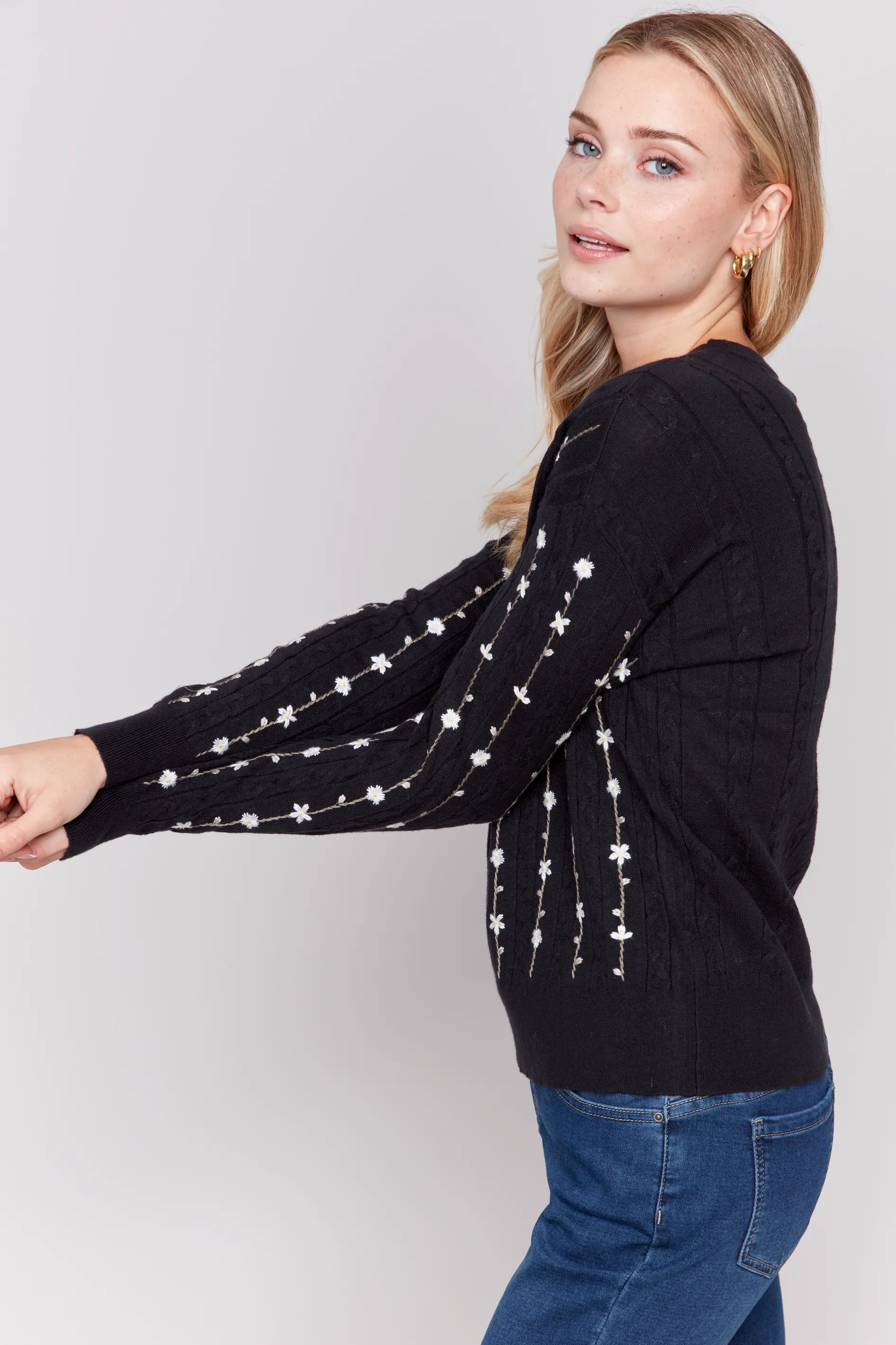 Flower Embroidered Plushy Crew-Neck Sweater