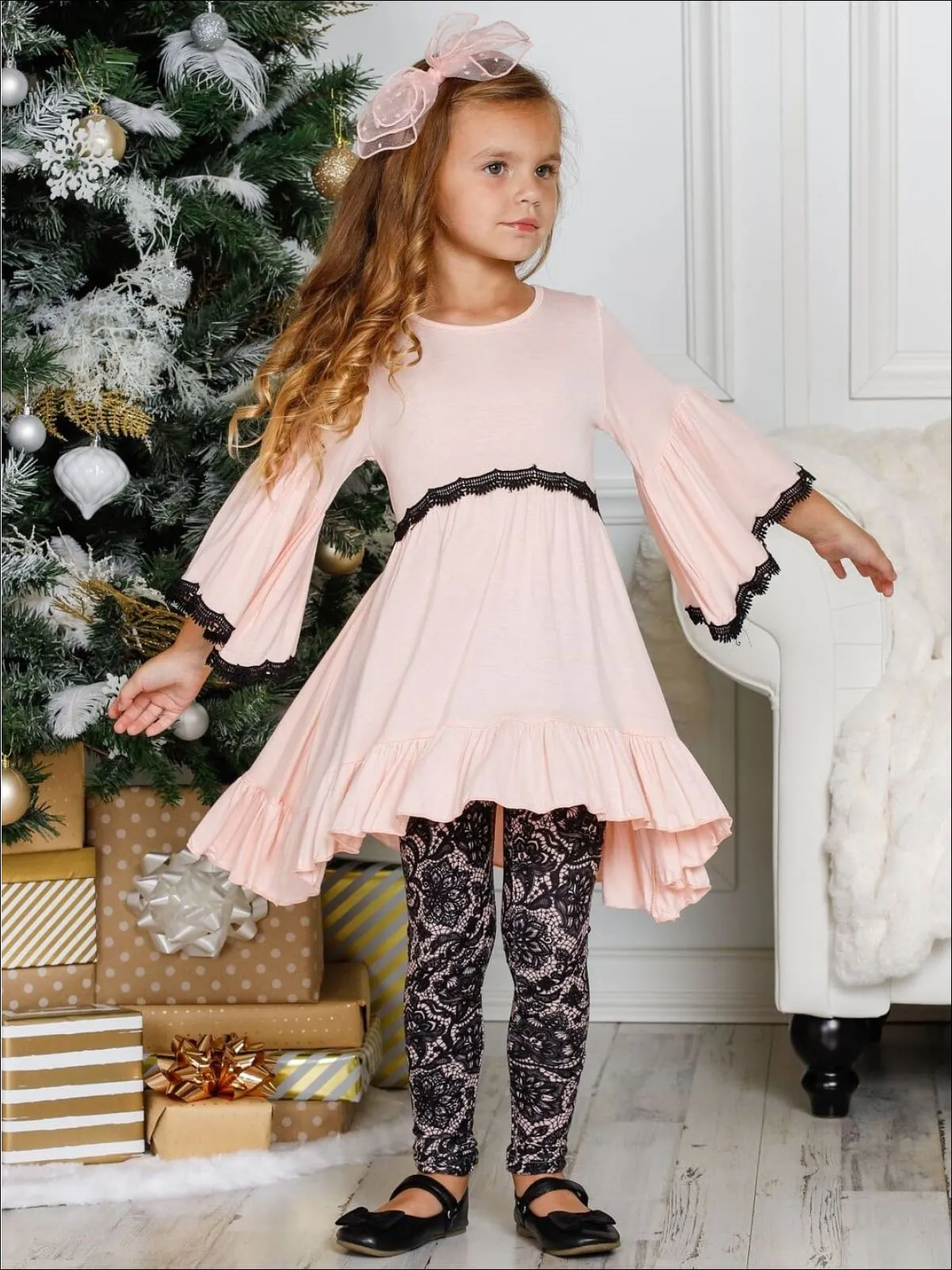 Girls Boho Sleeve Ruffled Trimmed Tunic And Printed Legging Set