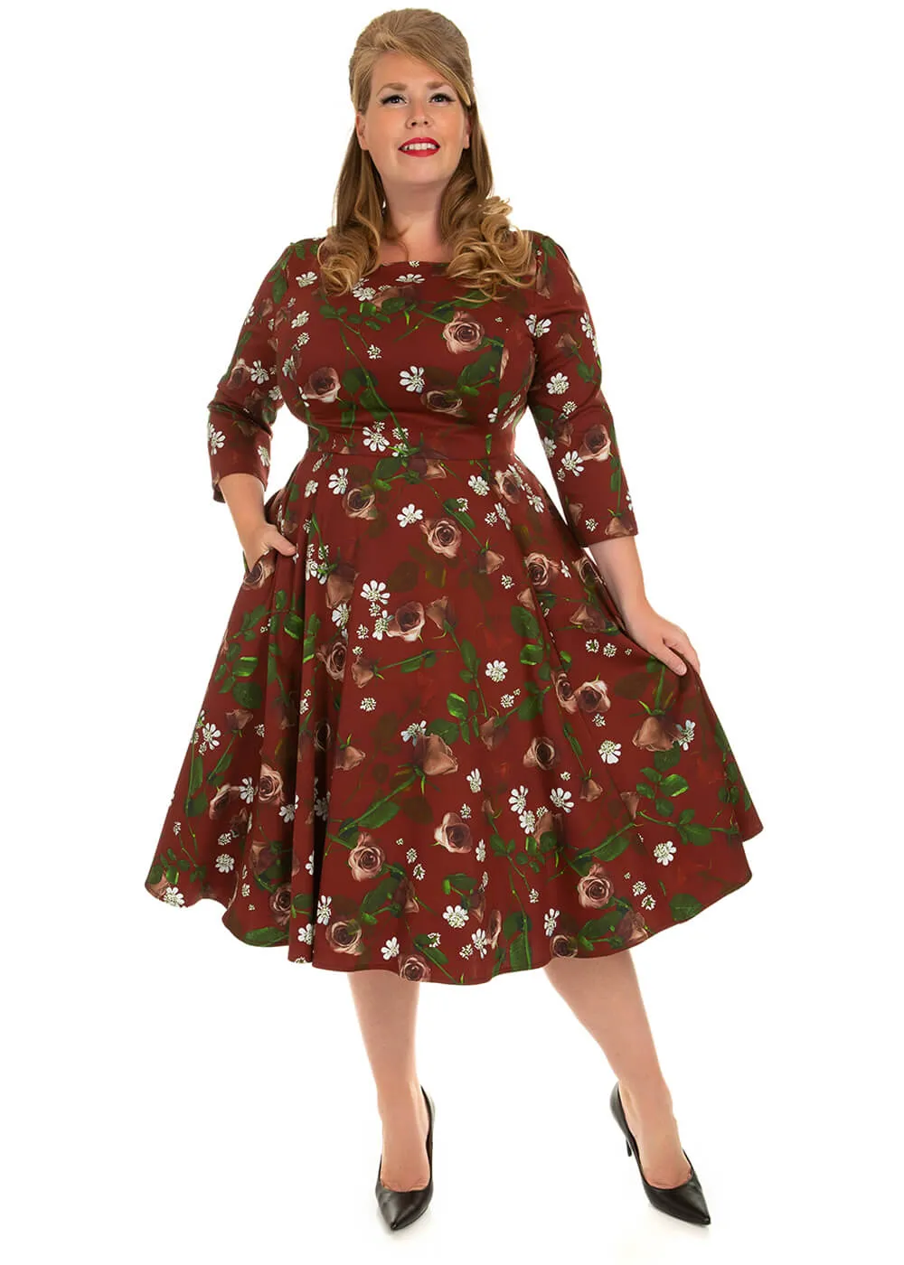 Hearts & Roses Francis Floral 50's Swing Dress Burgundy