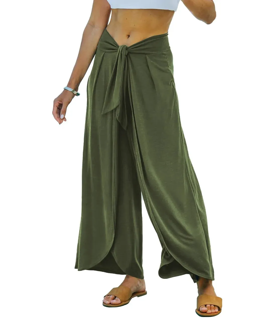 High Waist Flowy Wide Leg Pants Front Split Wrap Elastic