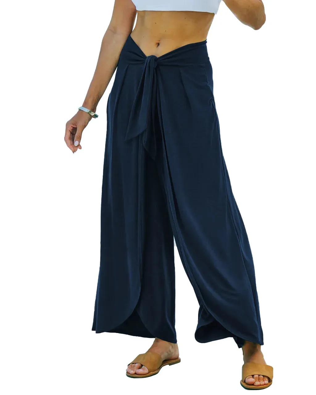 High Waist Flowy Wide Leg Pants Front Split Wrap Elastic