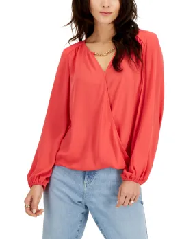 INC International Concepts Women's Hardware Trim Surplice Blouse Red Size XX-Large