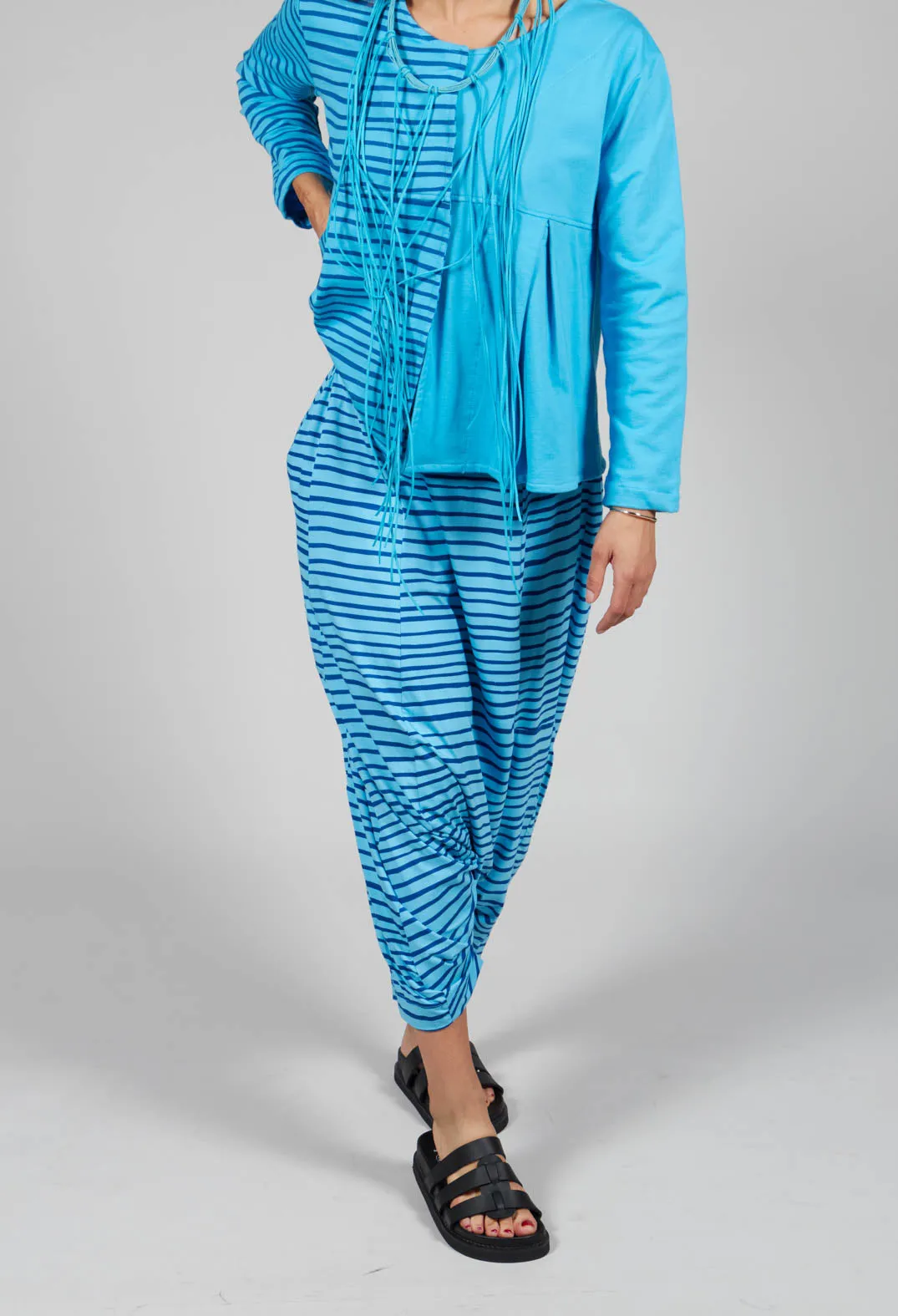 Jersey Drop-Crotch Trousers in Turquoise with Blue Lines