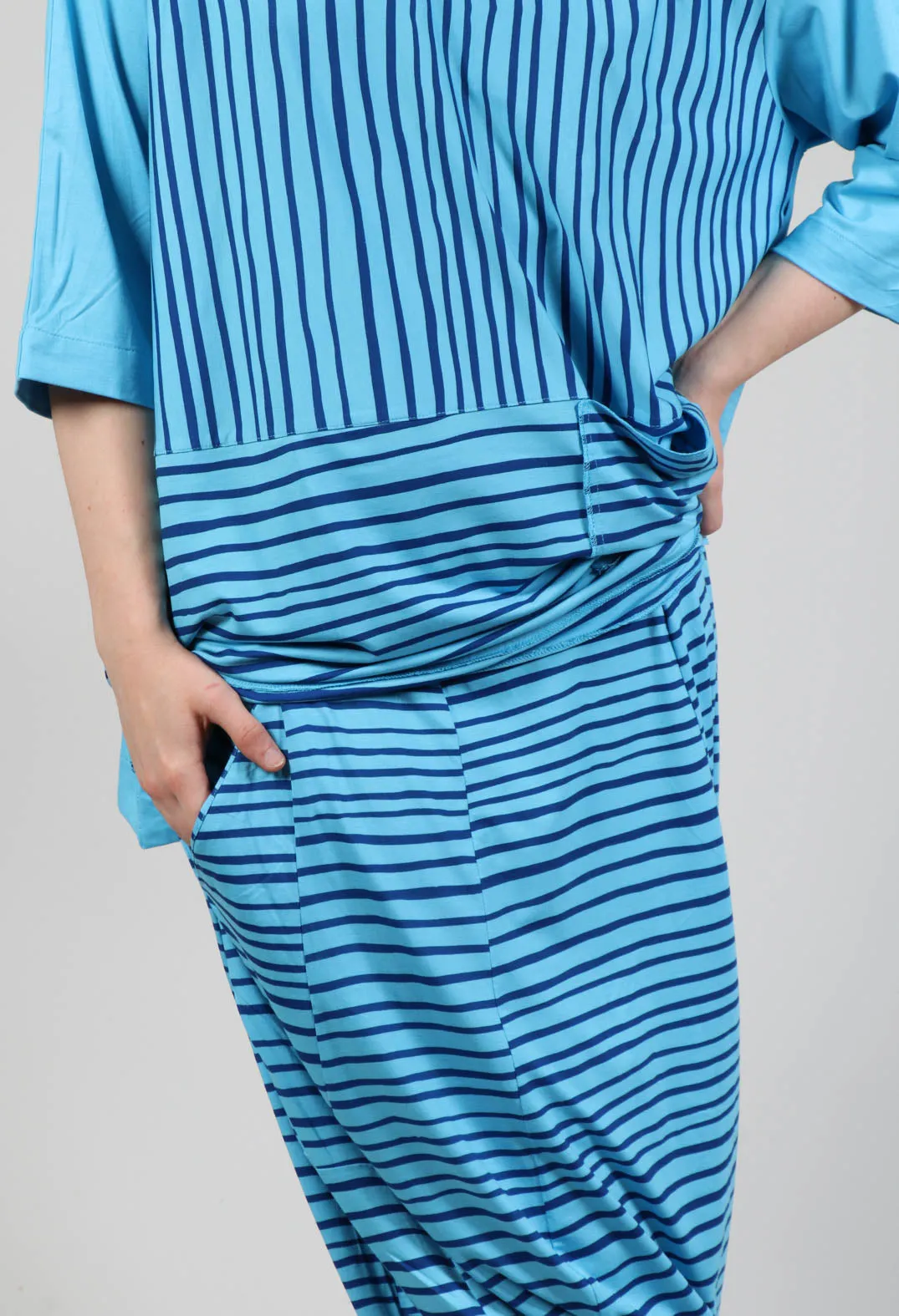 Jersey Drop-Crotch Trousers in Turquoise with Blue Lines