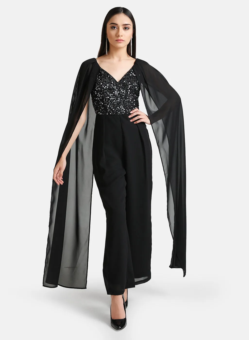 Jumpsuit With Cape Sleeves Overlay