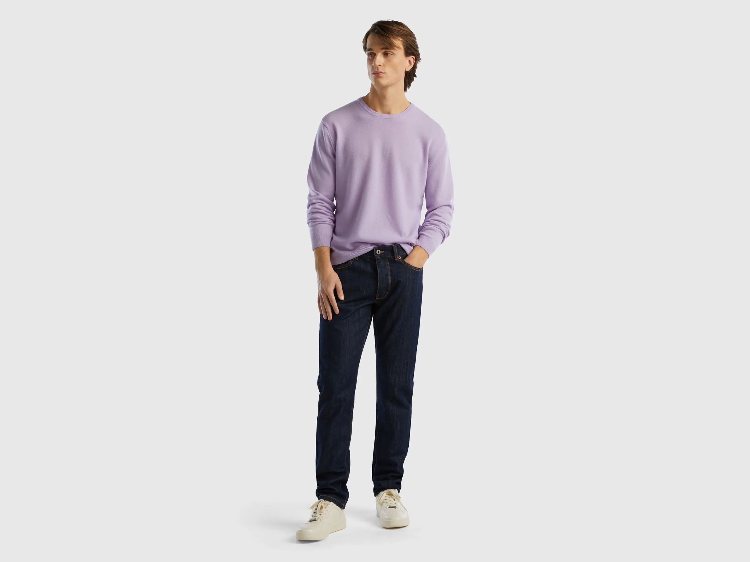 Lilac crew neck sweater in pure Merino wool - Lilac | Benetton