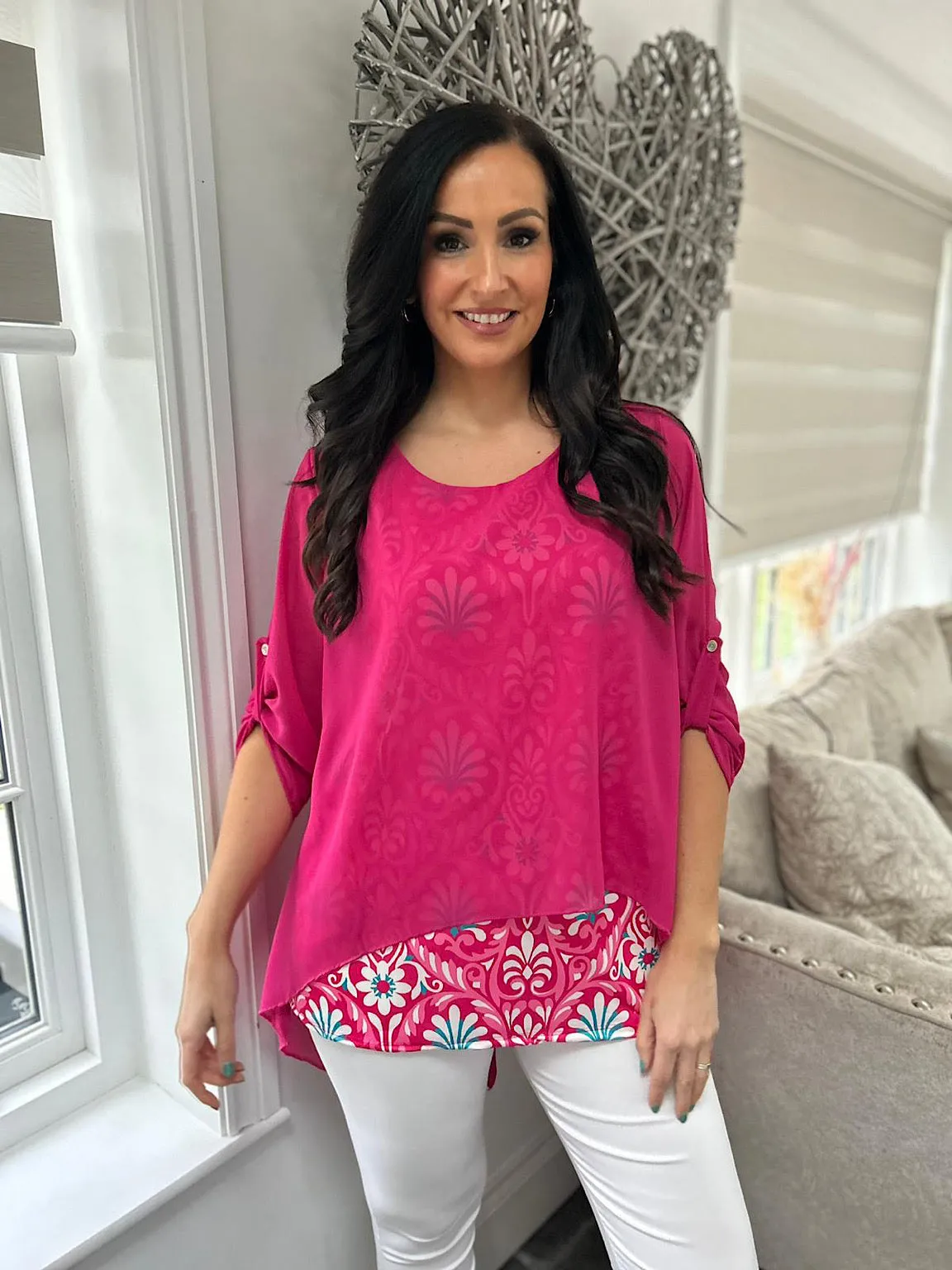 Lipstick Pink Layered Patterned Blouse Emily