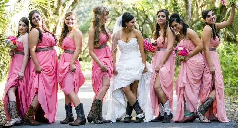 Long Chiffon Rustic Country Strapless Peach Bridesmaid Dresses with Boots