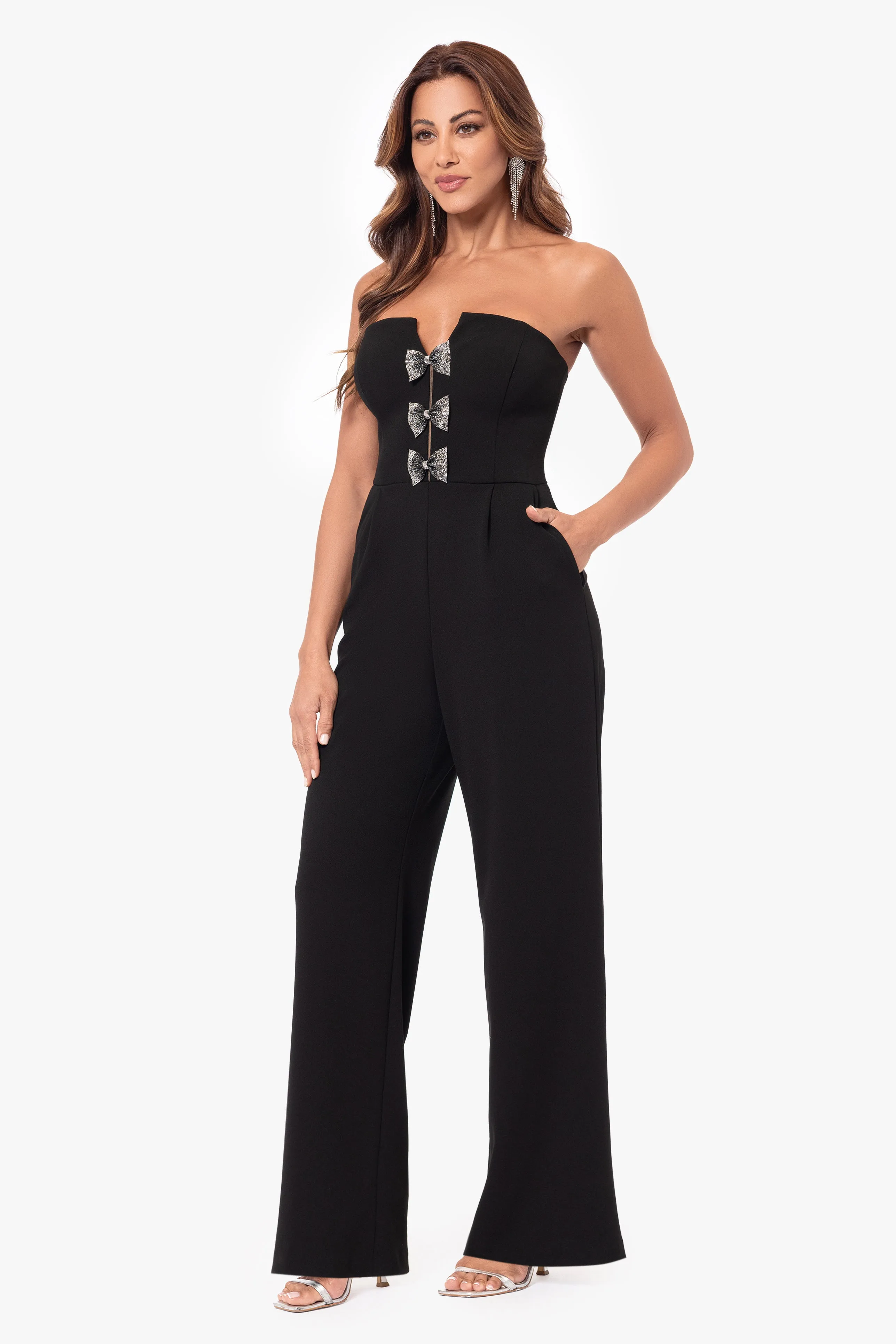 Melinda Long Scuba Crepe Embellished Bow Jumpsuit