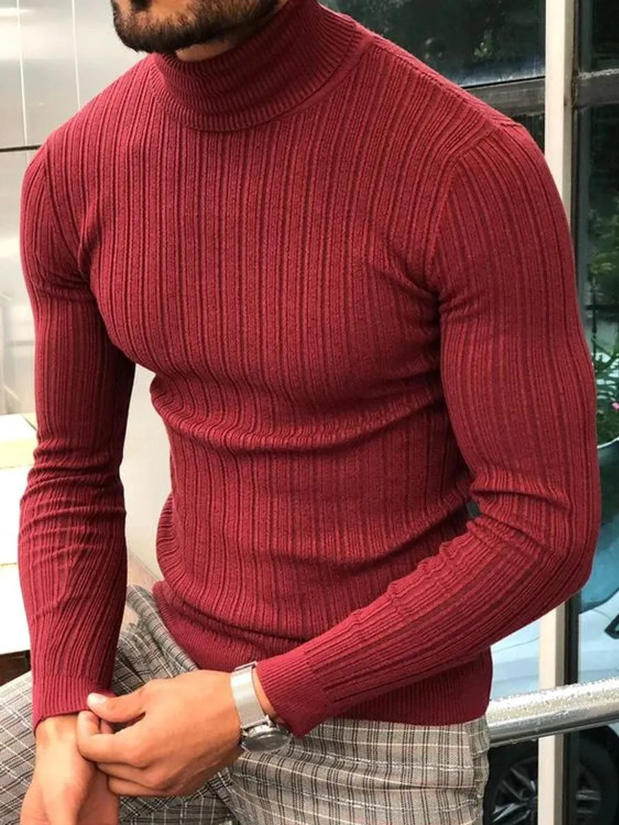 Men's Red Knitted Casual Turtleneck Pullover