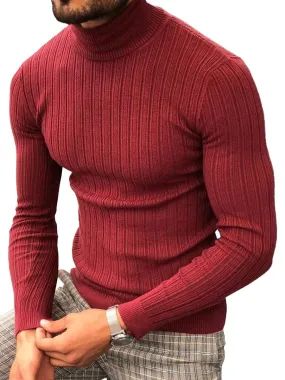 Men's Red Knitted Casual Turtleneck Pullover