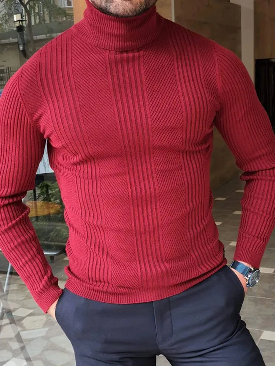 Men's Red Knitted Casual Turtleneck Pullover