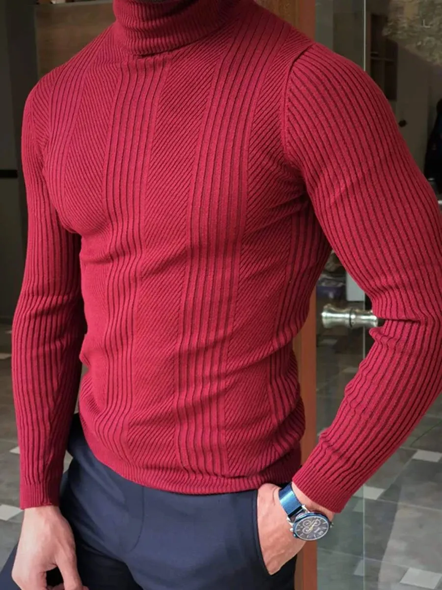 Men's Red Knitted Casual Turtleneck Pullover