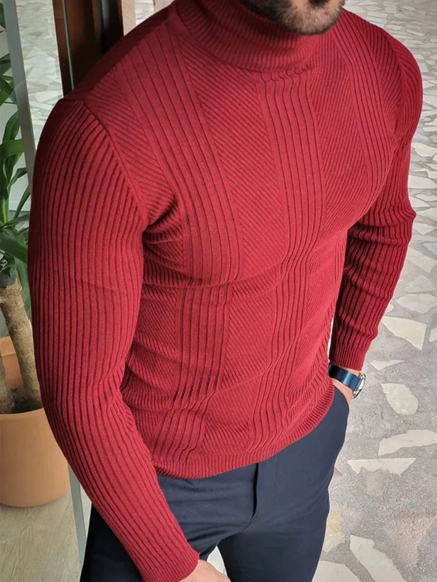 Men's Red Knitted Casual Turtleneck Pullover