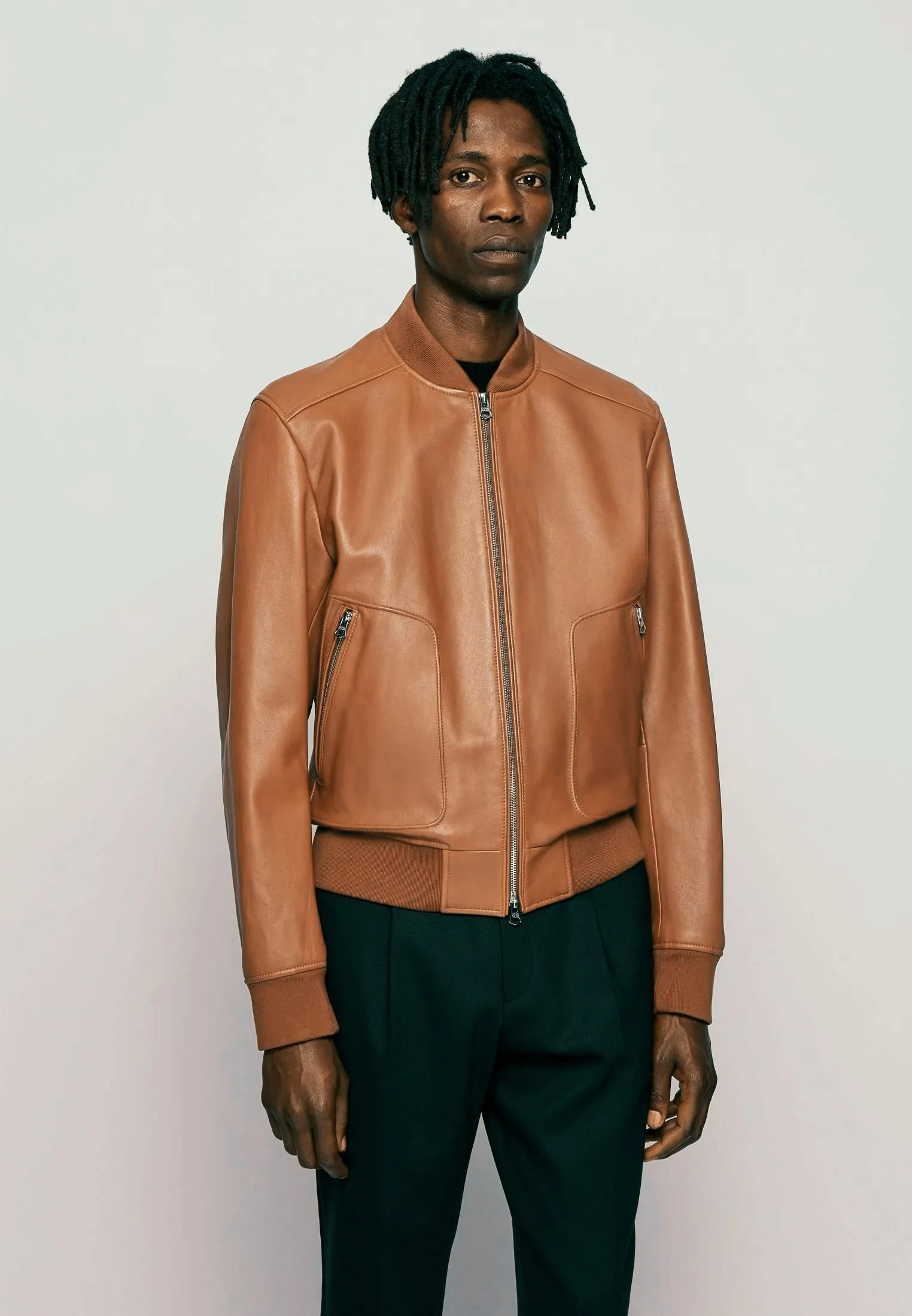 Men’s Tan Brown Leather Bomber Jacket