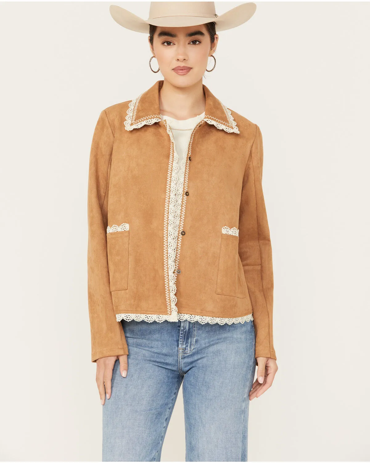 Mystree Women's Faux Suede Crochet Trim Jacket