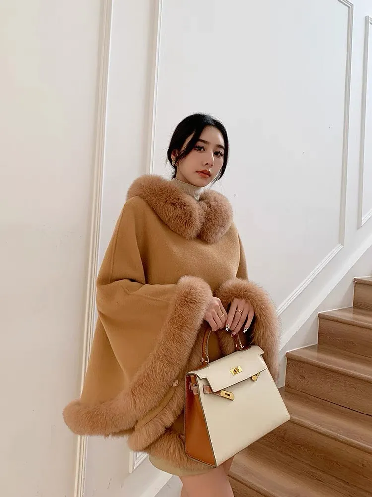 New autumn and winter women's coat cloak fur loose woolen mid-length fox fur collar pullover A version slimming