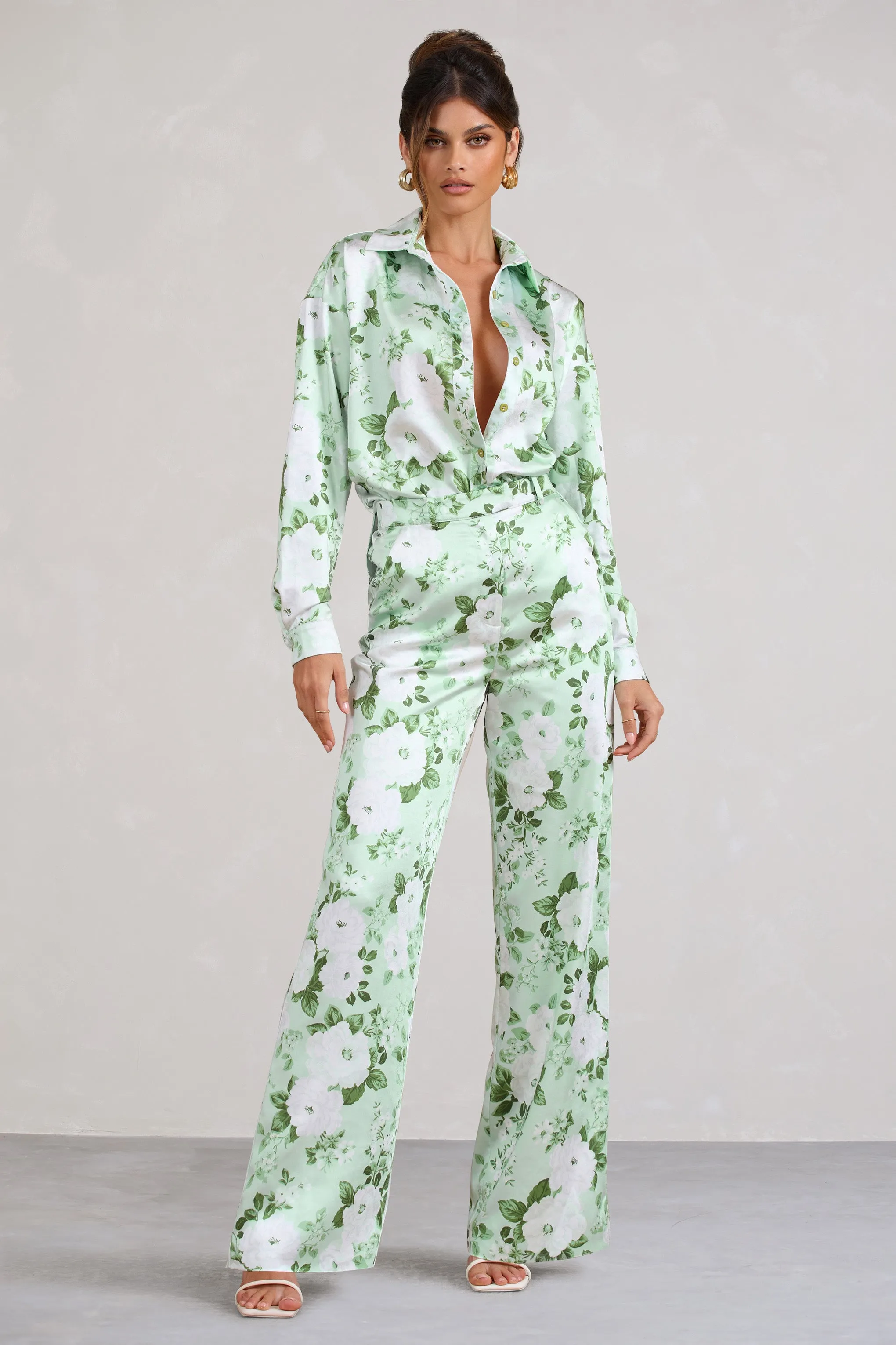 No Limits | White & Green Floral Print Satin Wide Leg Trousers