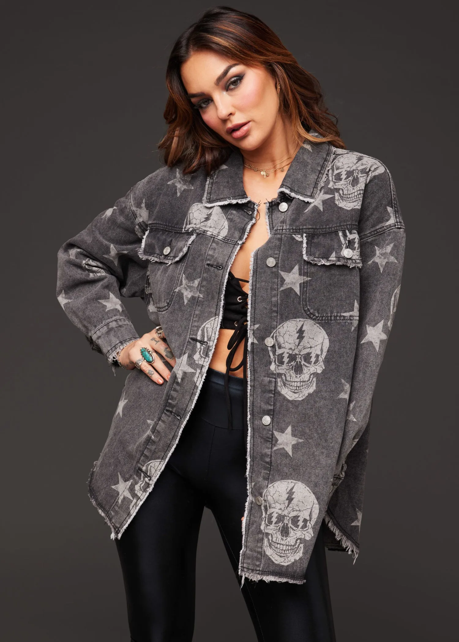 Oversized Skull Print Denim Shirt Jacket