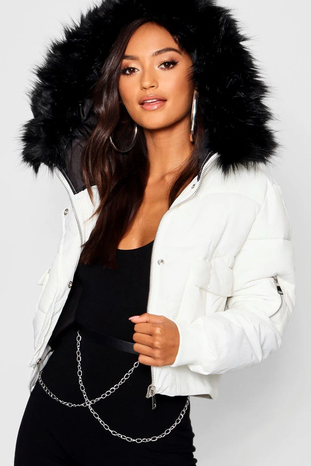 Petite Luxe Faux Fur Hood Cropped Coat