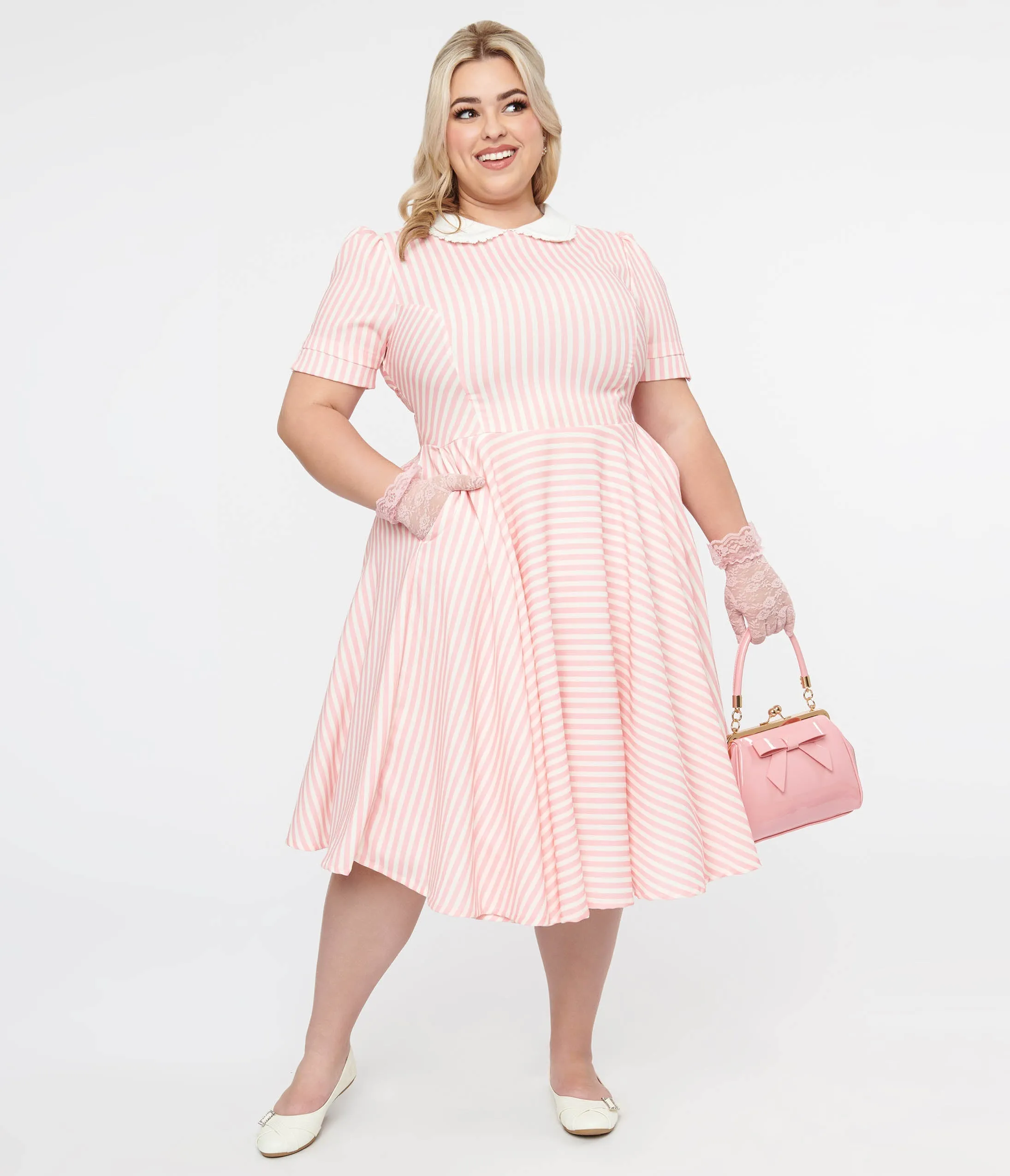 Plus Size 1950s Pink & White Striped Brielle Swing Dress