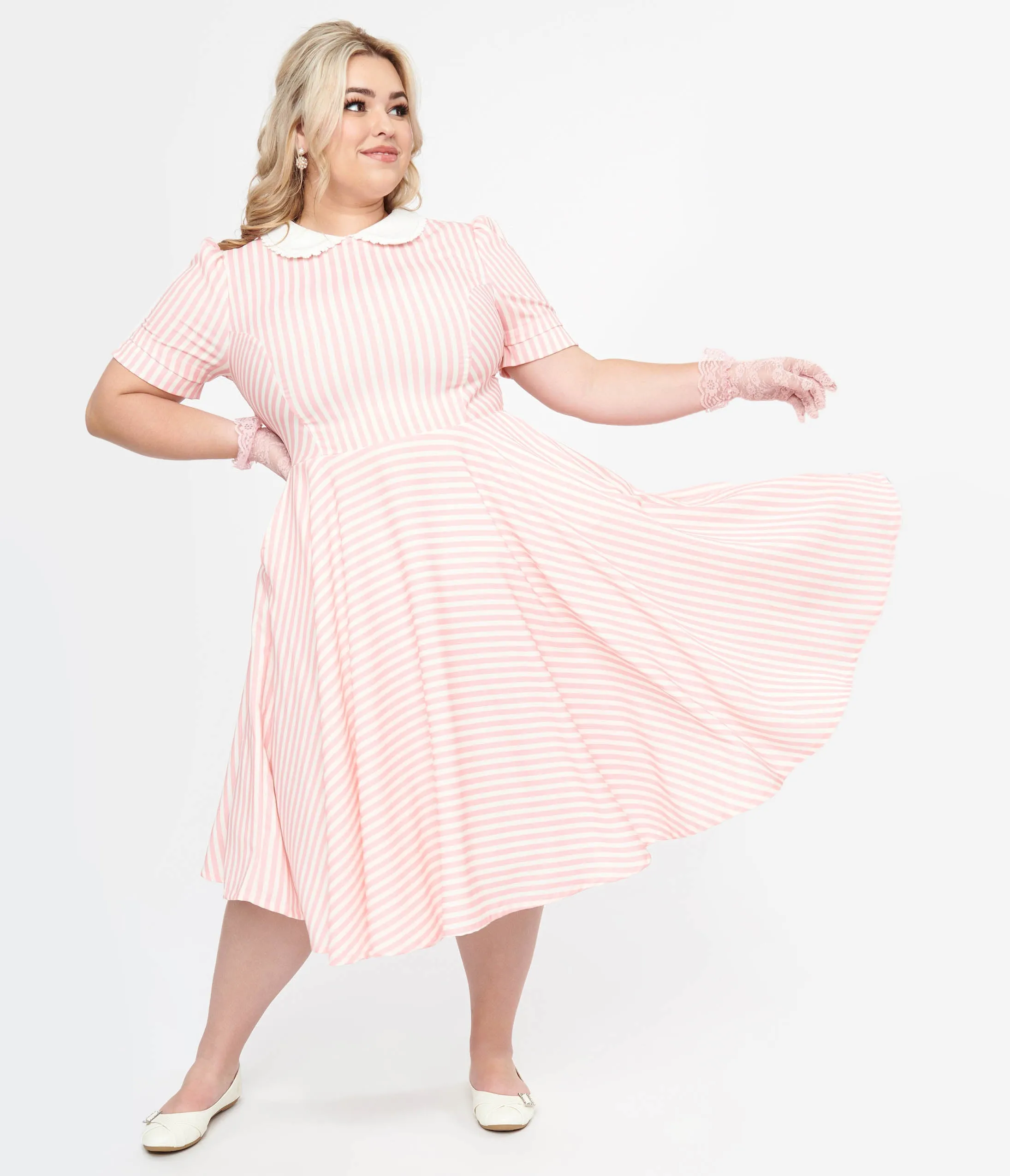 Plus Size 1950s Pink & White Striped Brielle Swing Dress