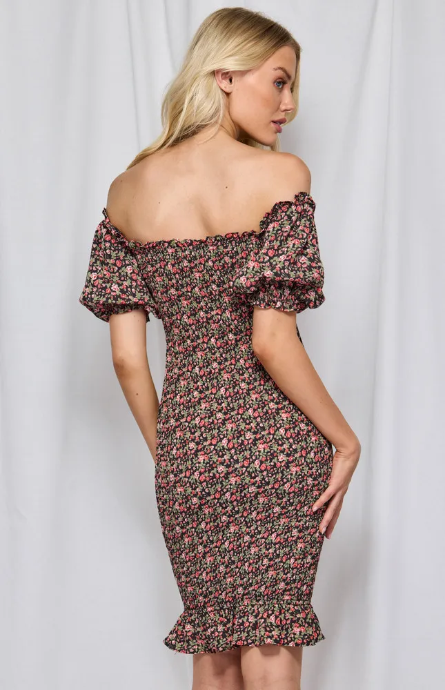 Printed Off the Shoulder Shirred Midi Dress (WDR301B)