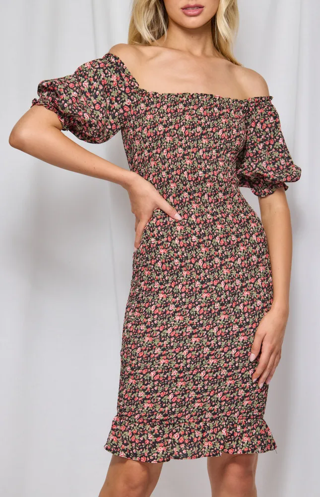 Printed Off the Shoulder Shirred Midi Dress (WDR301B)