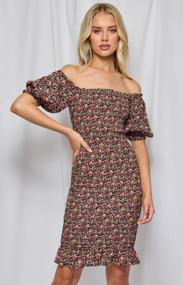 Printed Off the Shoulder Shirred Midi Dress (WDR301B)