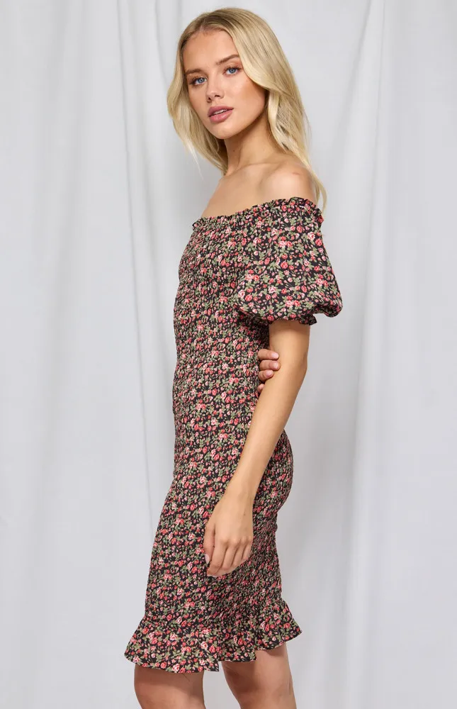 Printed Off the Shoulder Shirred Midi Dress (WDR301B)