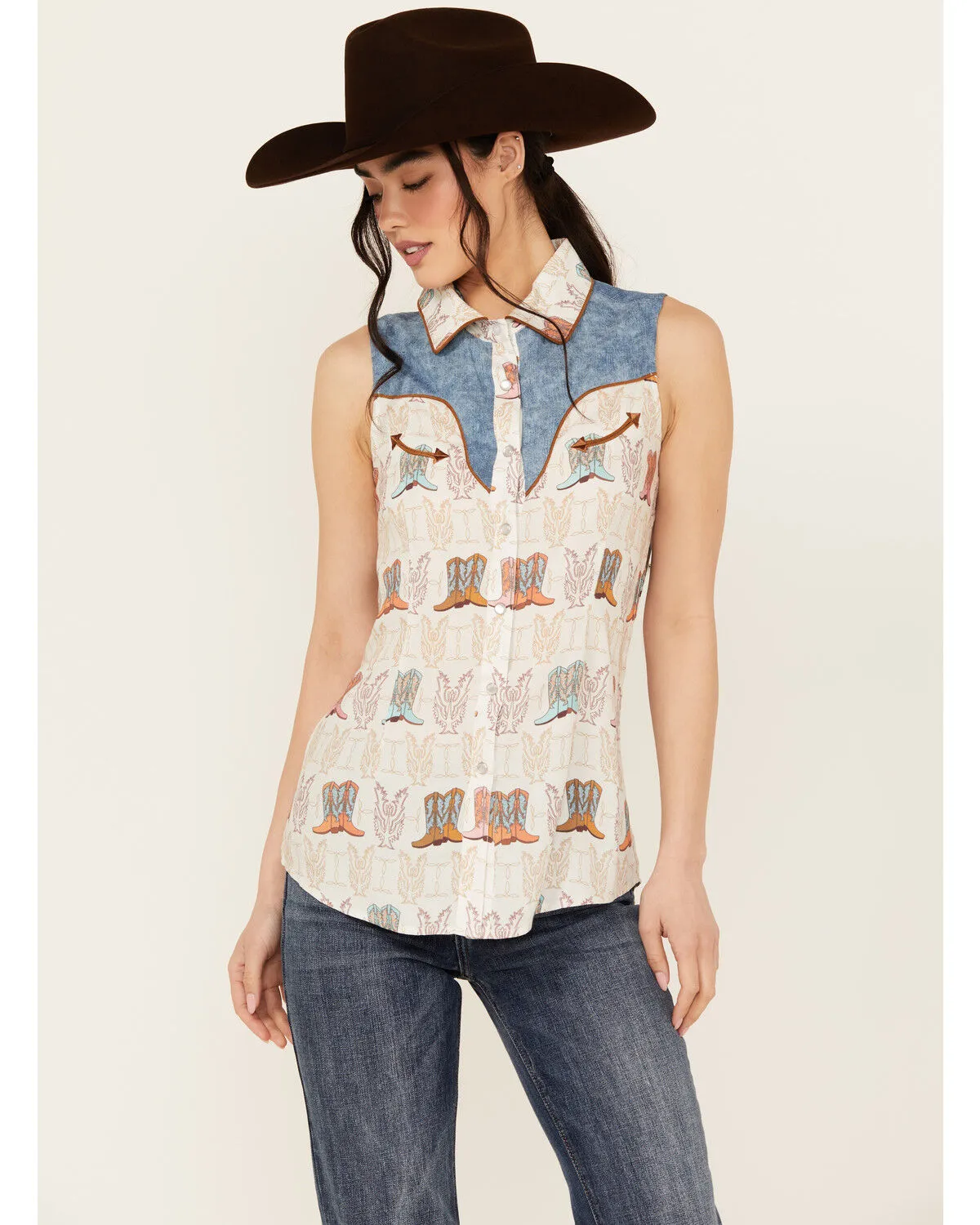 Product Name:  Panhandle Women's Boot Print Sleeveless Pearl Snap Western Shirt