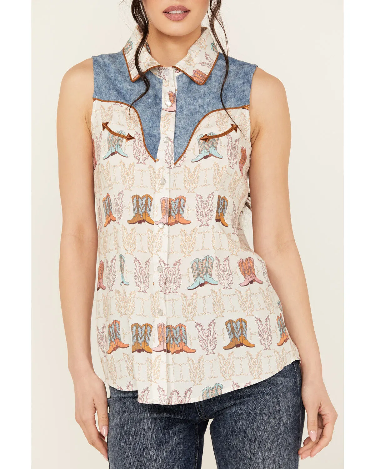 Product Name:  Panhandle Women's Boot Print Sleeveless Pearl Snap Western Shirt