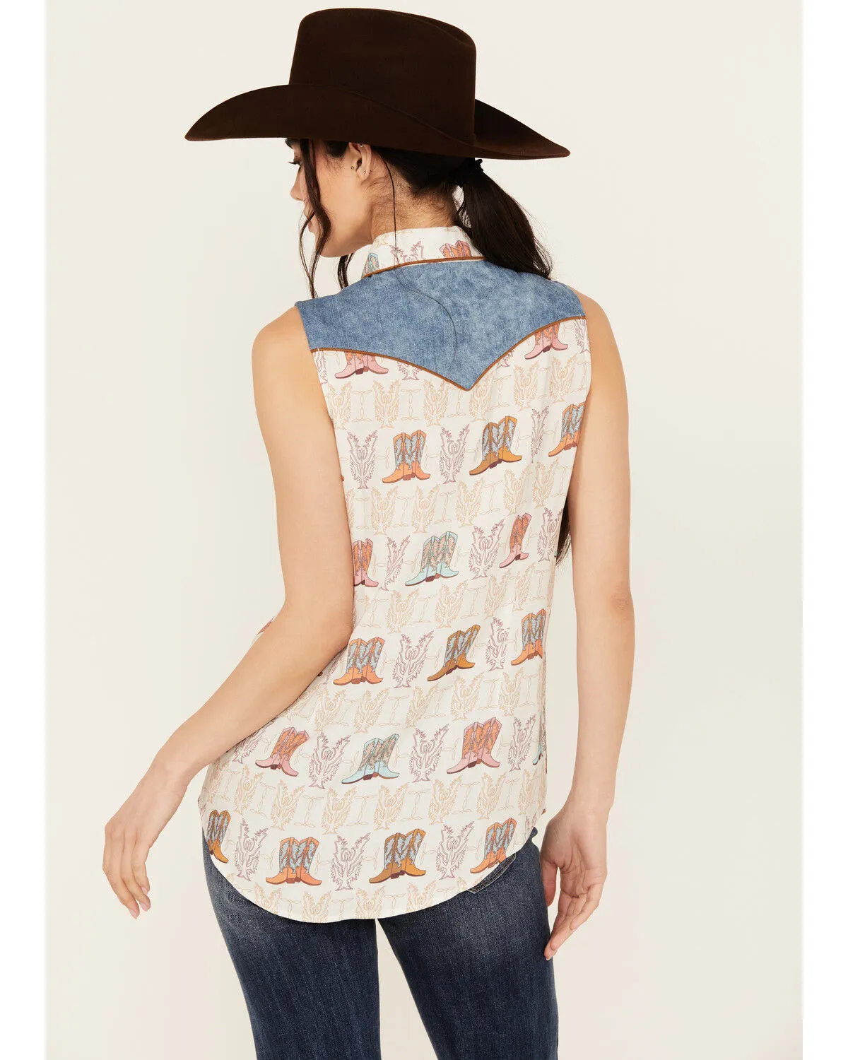 Product Name:  Panhandle Women's Boot Print Sleeveless Pearl Snap Western Shirt