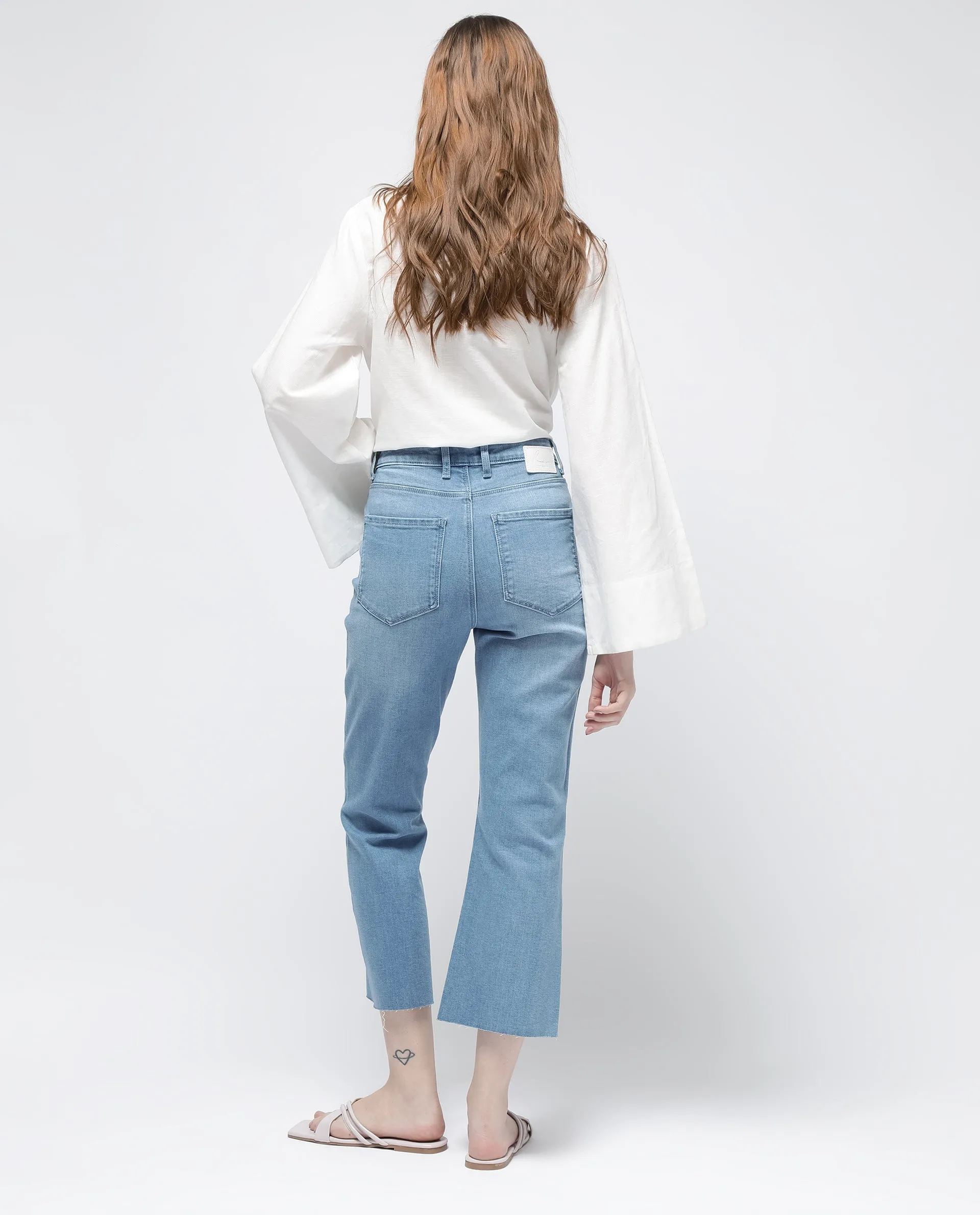 Rareism Women Winona Pastel Blue Cotton Fabric Plain Crop Flare Jeans