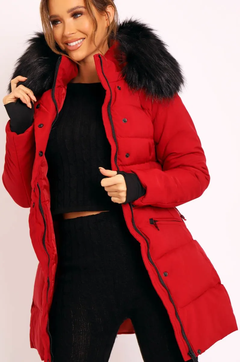 Red Adjustable Waist Longline Puffer Coat - Zofia