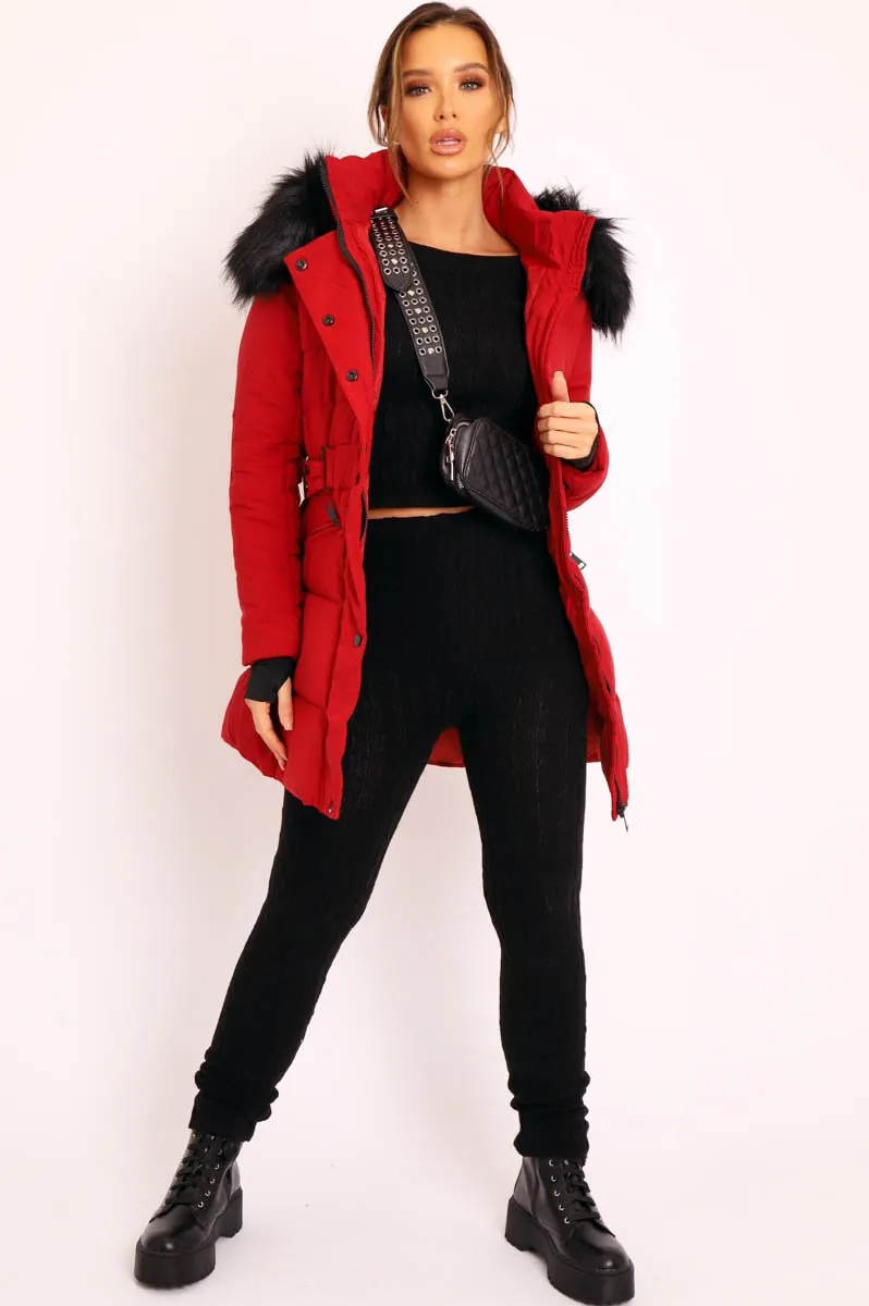 Red Adjustable Waist Longline Puffer Coat - Zofia