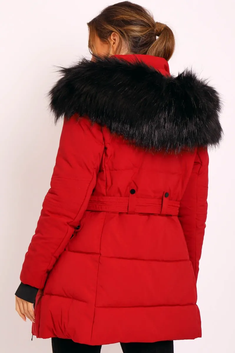 Red Adjustable Waist Longline Puffer Coat - Zofia