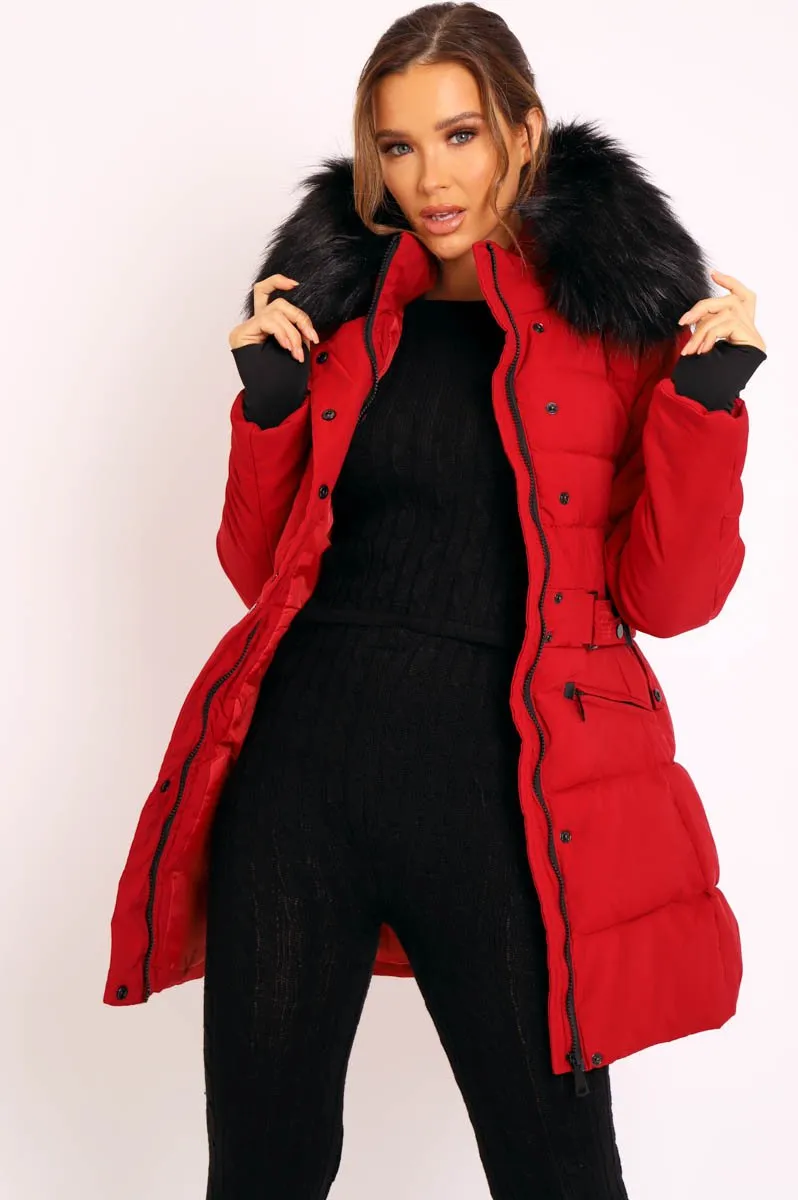 Red Adjustable Waist Longline Puffer Coat - Zofia