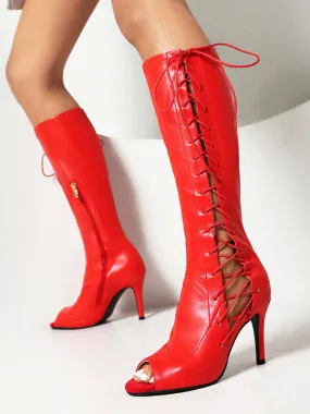 Red Sandal Boots Knee High Peep Toe Lace Up High Heel Boots