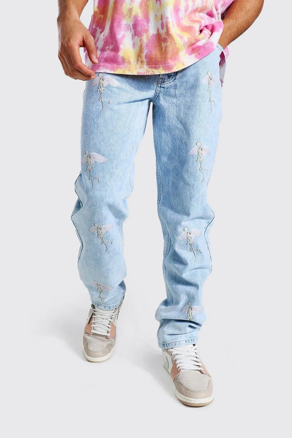 Relaxed Fit Bird All Over Print Jeans | boohooMAN UK