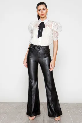 Retro Belted Wide Leg Bell Bottom Faux Leather Pants