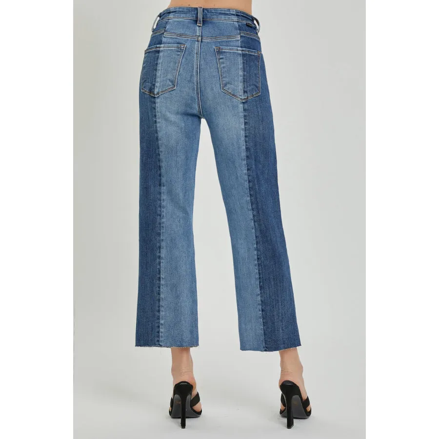 RISEN Full Size Mid-Rise Waist Two-Tones Jeans with Pockets