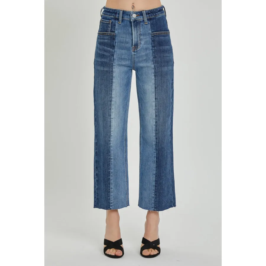 RISEN Full Size Mid-Rise Waist Two-Tones Jeans with Pockets