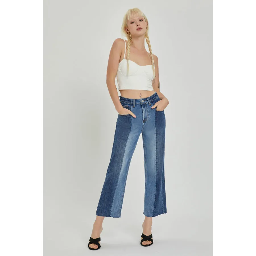 RISEN Full Size Mid-Rise Waist Two-Tones Jeans with Pockets