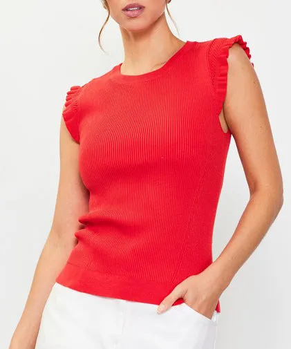 Ruffle Sleeve Knit Top - Poppy Red