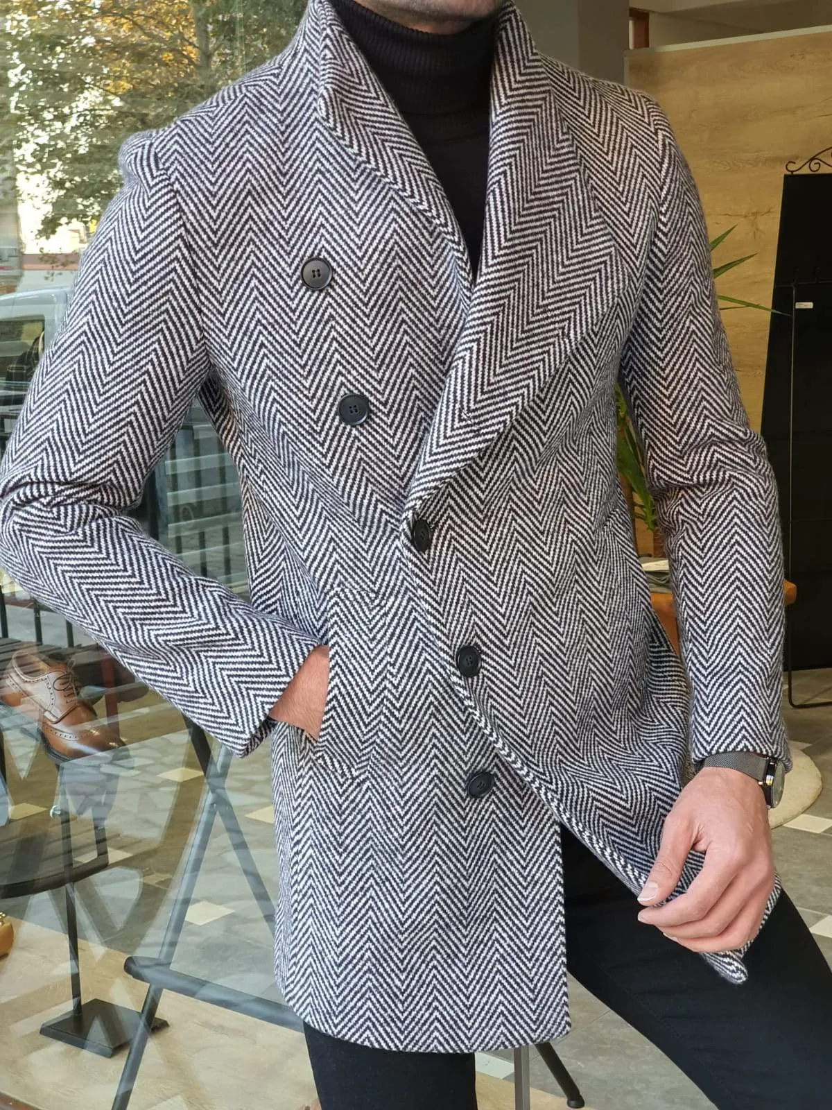 Saponi Slim-fit Collar Wool Coat Gray