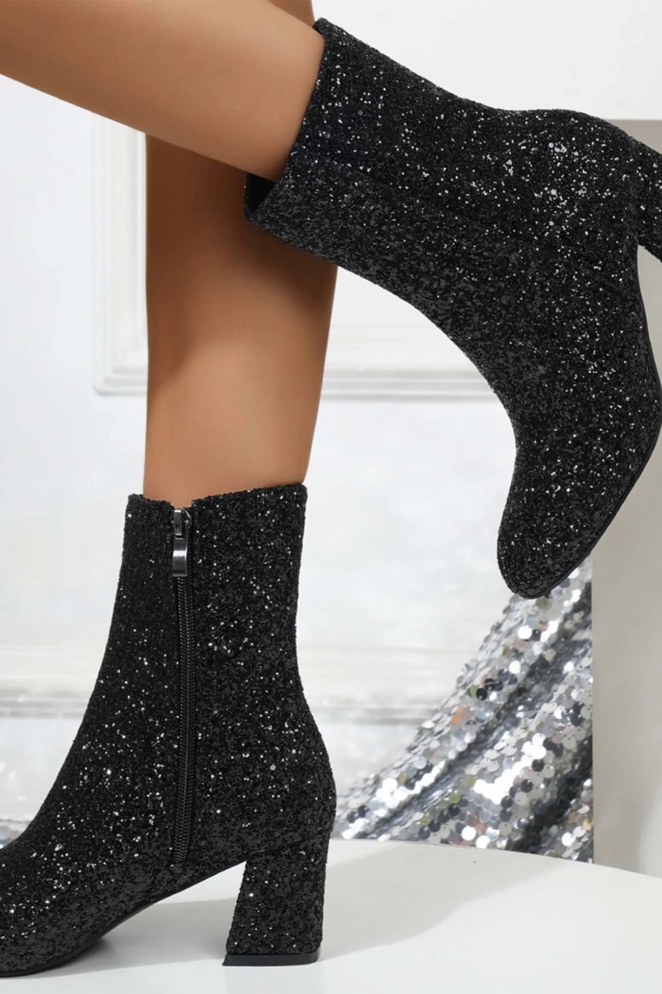 Sequined Block Heels Ankle Heels