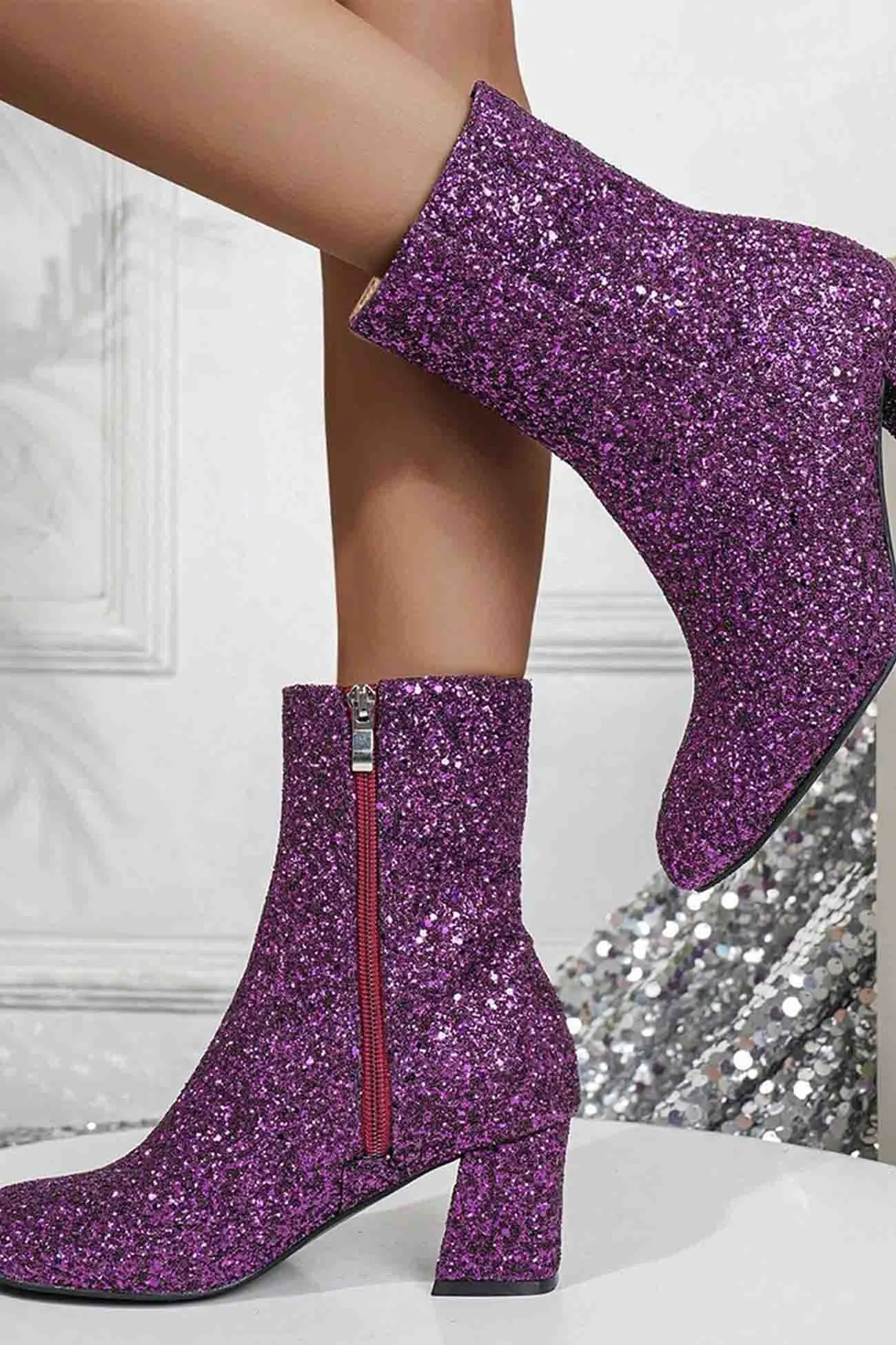 Sequined Block Heels Ankle Heels